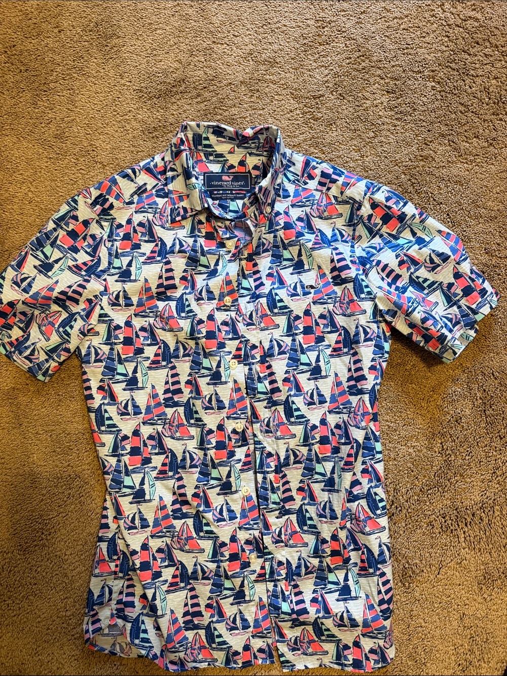 Vineyard Vines Short Sleeve Sailboat Button-Up Shirt - Navy, Coral, blue